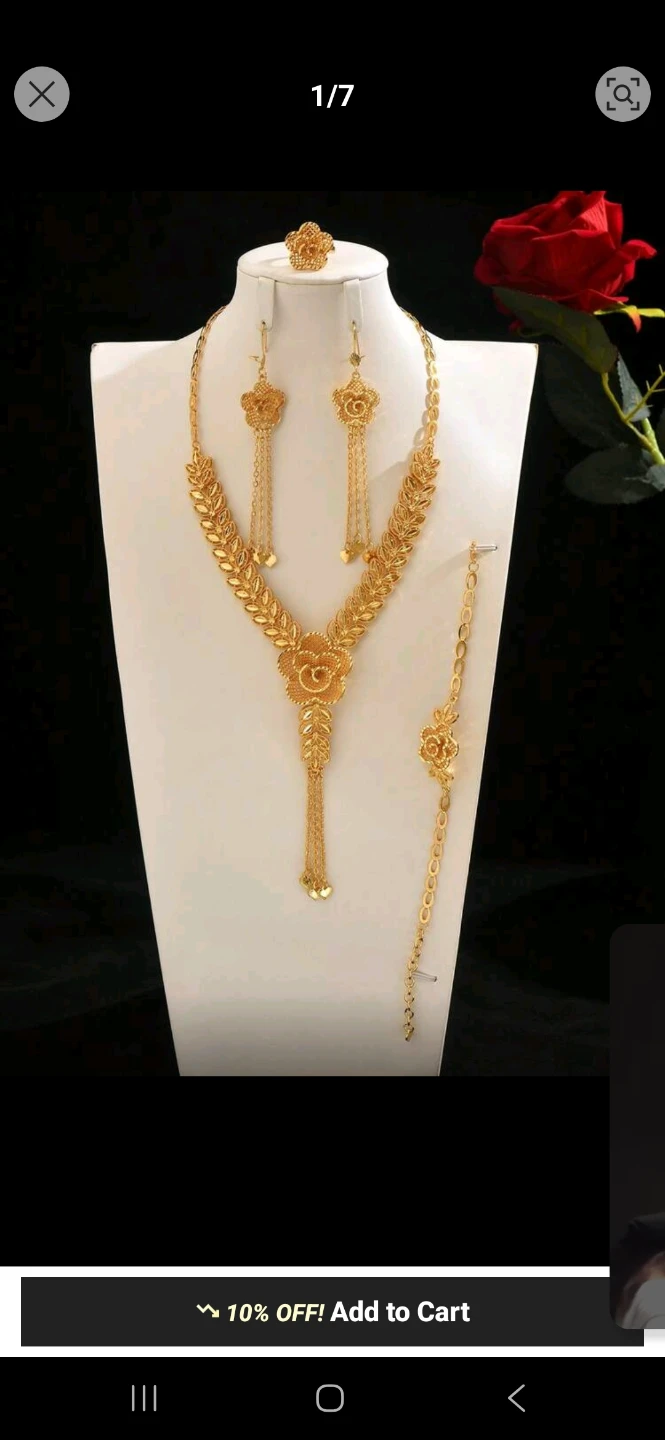 Gold Floral Jewelry Set - Necklace, Earrings, Bracelet, Ring - photo 2