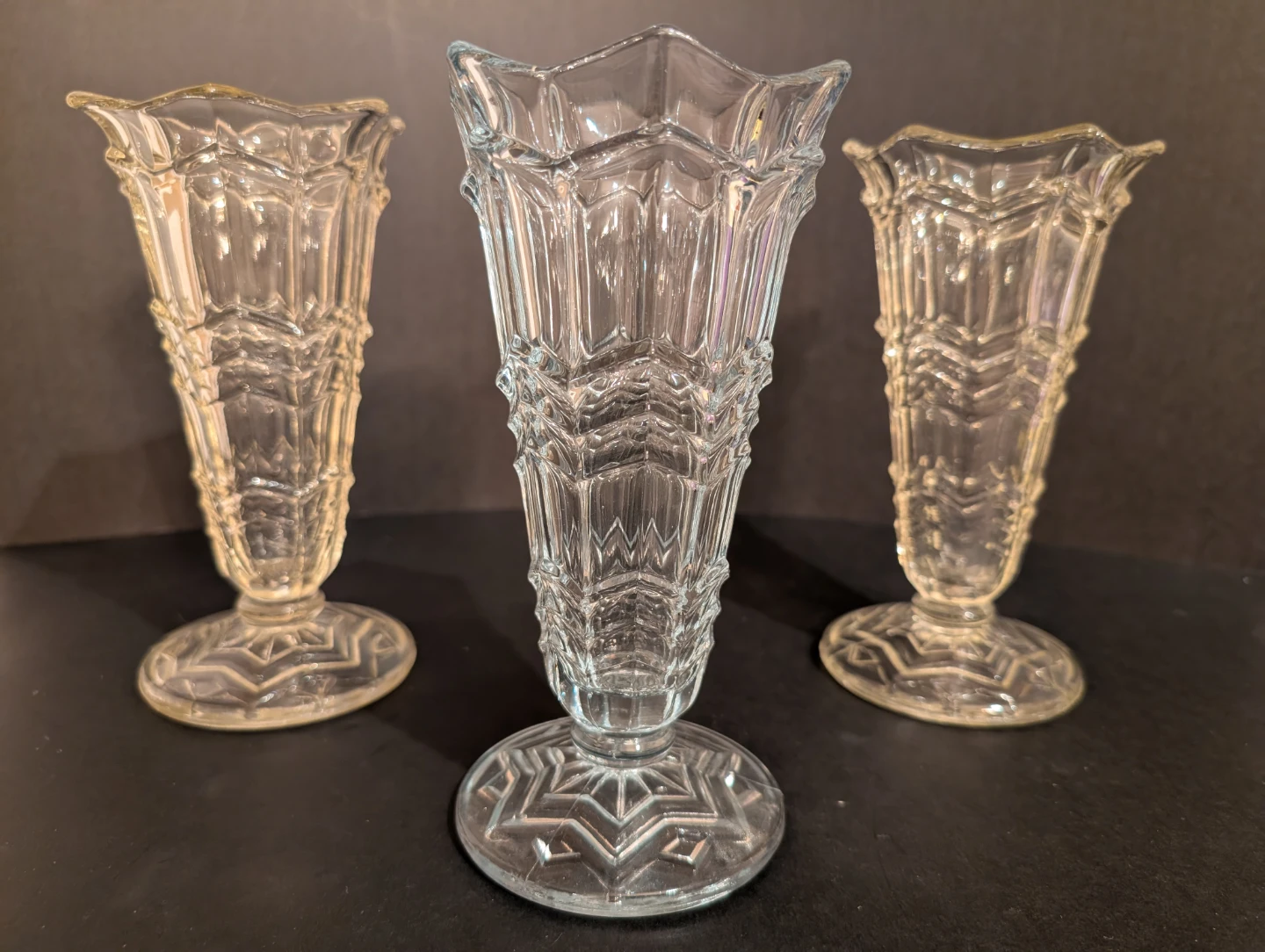 Set of 3 Art Deco 1930s Pressed Glass Vases
