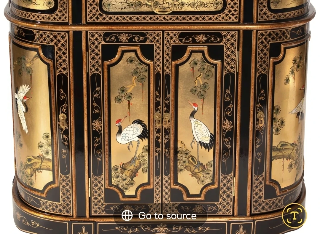 Black and Gold Lacquered Cabinet with Crane Motif