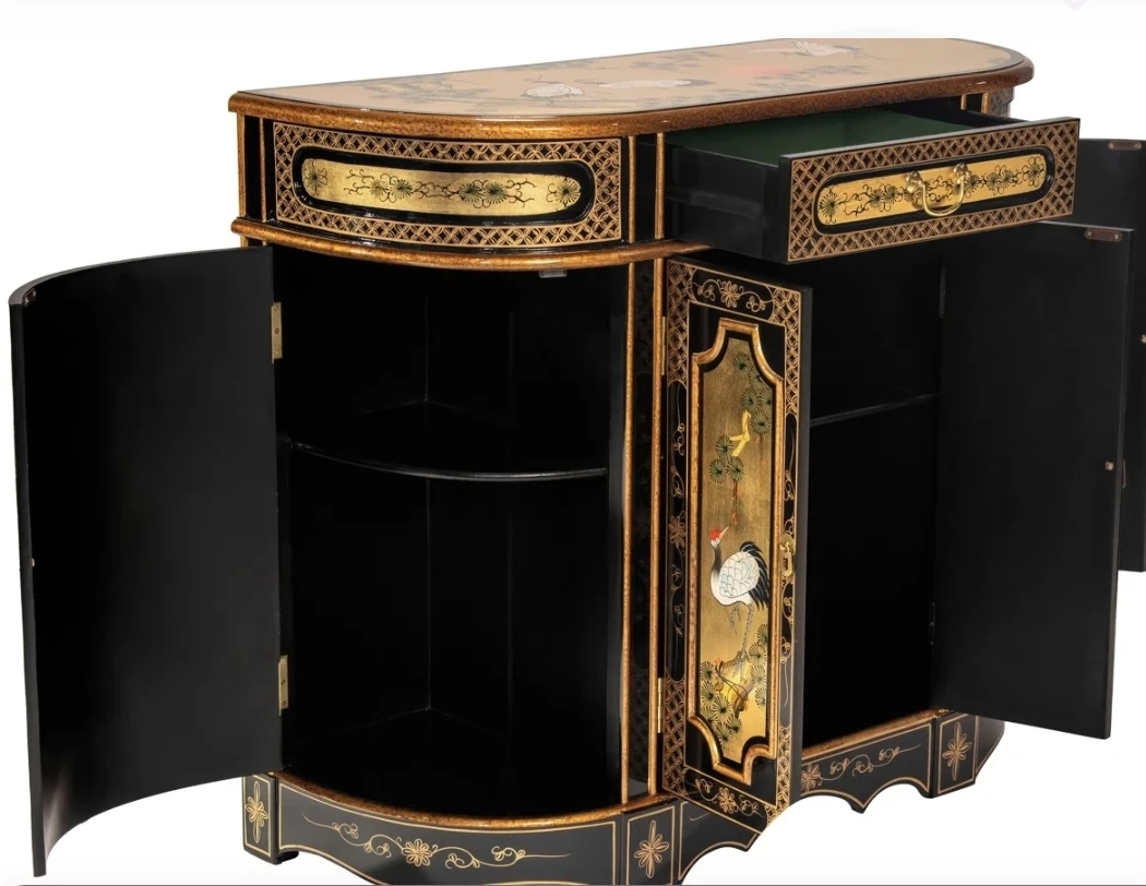 Black and Gold Lacquered Cabinet with Crane Motif - photo 2