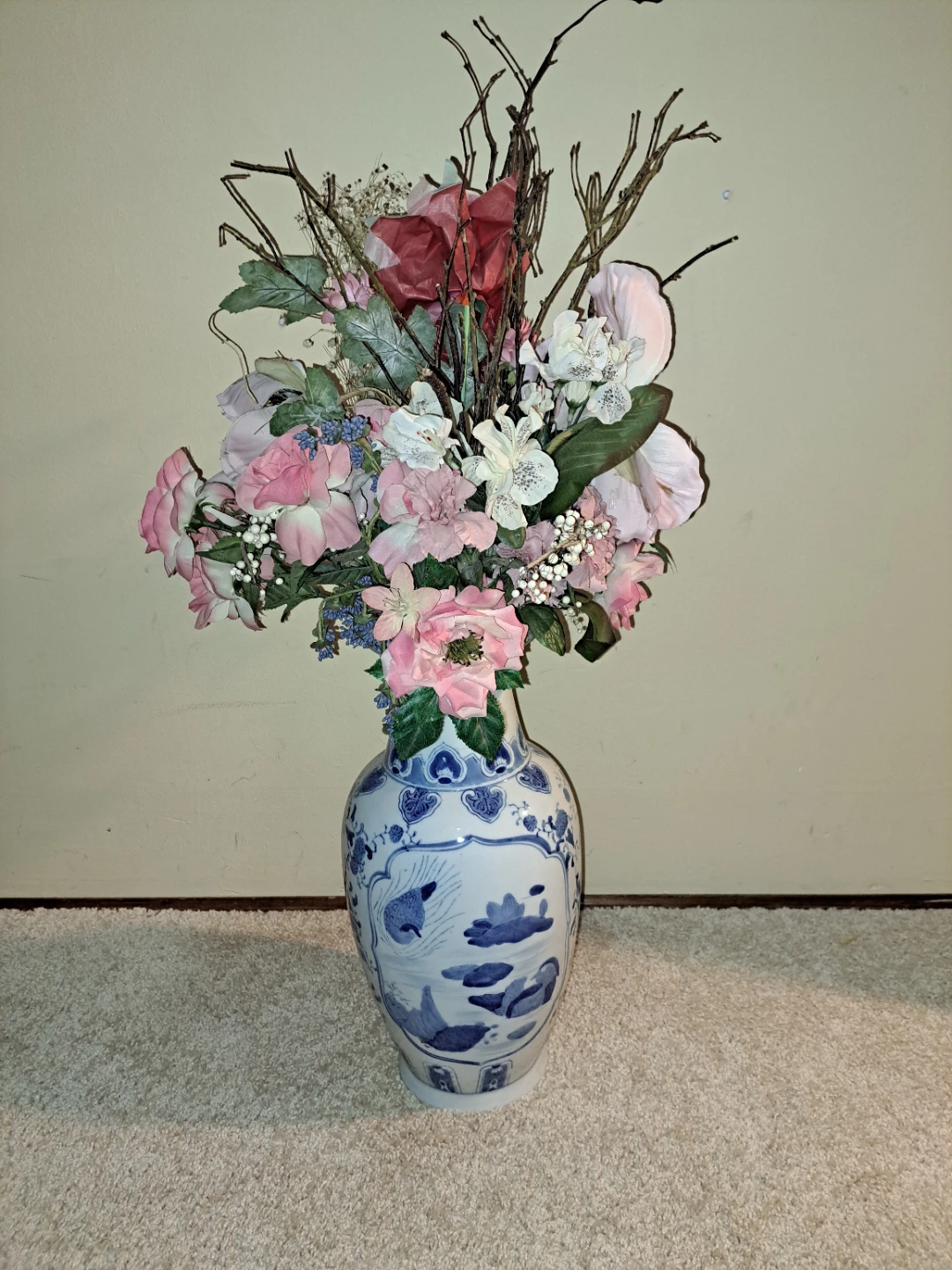 Blue & White Floral Vase with floral arrangemet
