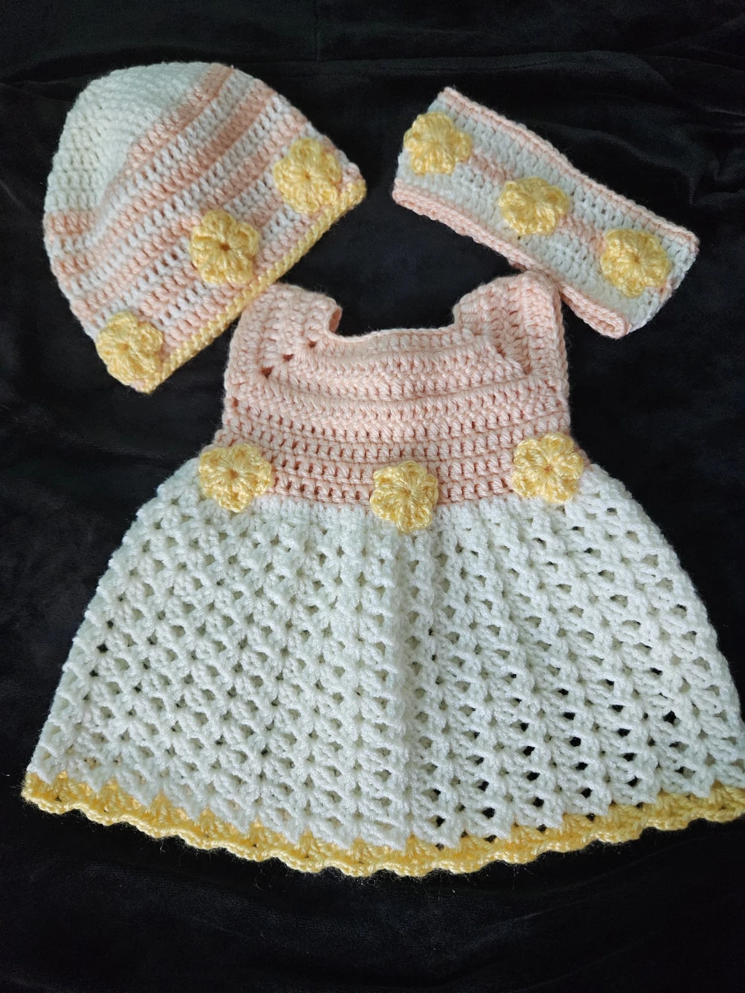Handmade Crochet Baby Dress, Hat, and Headband Set