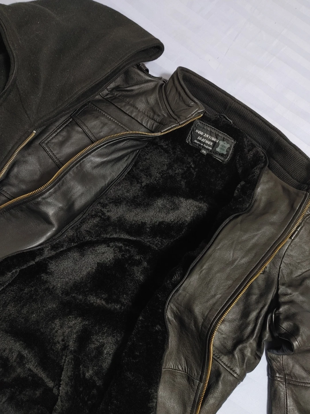 Men's Black Leather Jacket with Hood - photo 2