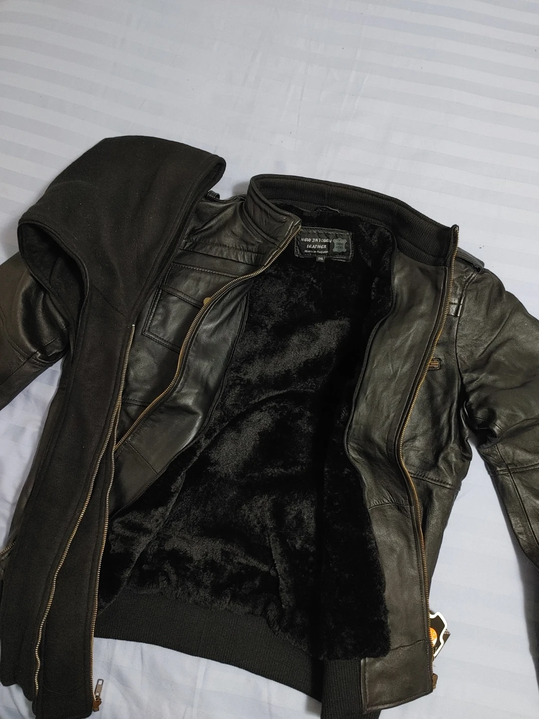Men's Black Leather Jacket with Hood - photo 4
