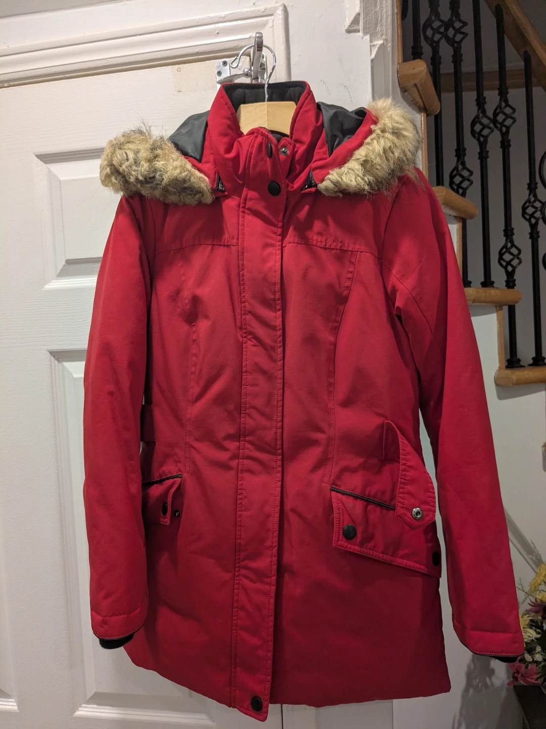 Red Parka Jacket with Faux Fur Hood