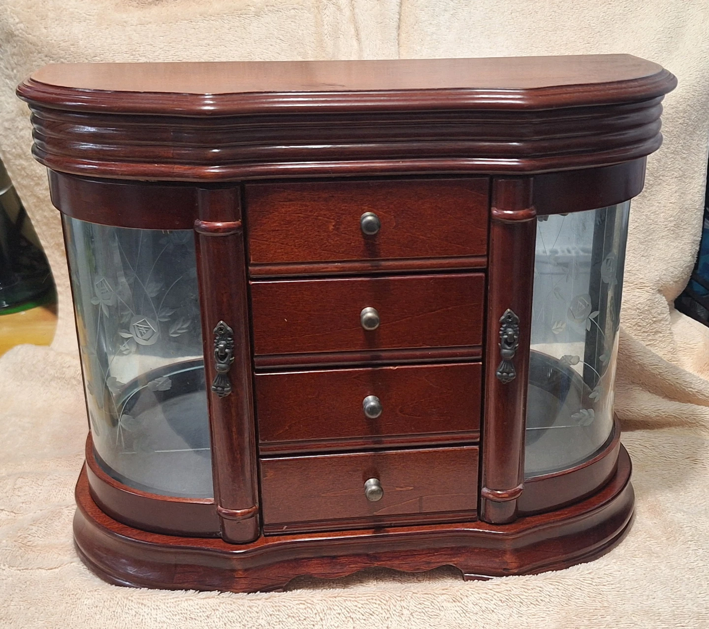 Wooden Jewelry Box with Etched Glass Doors and Drawers
