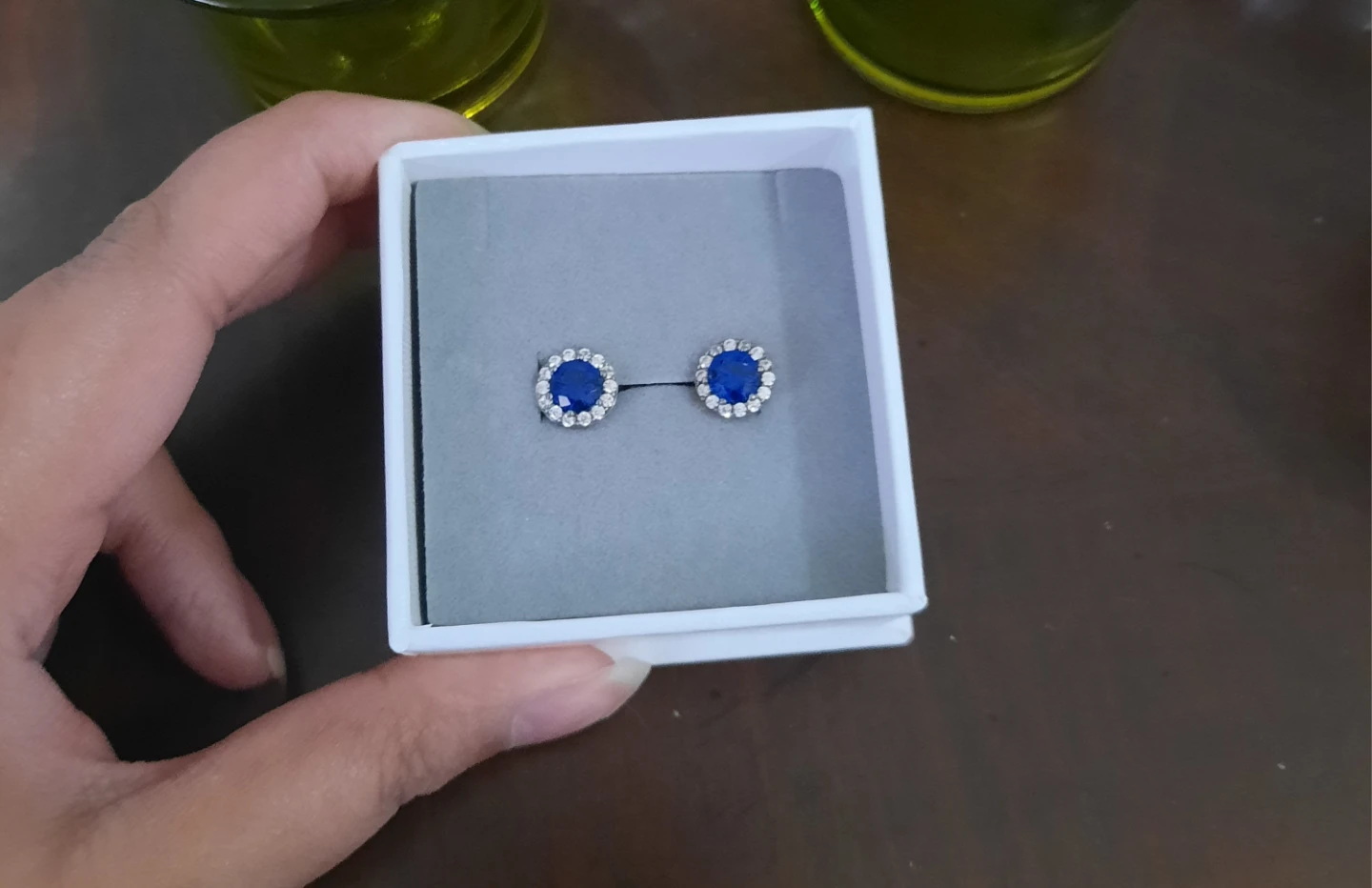 Blue Stud Earrings with Rhinestone Halo
