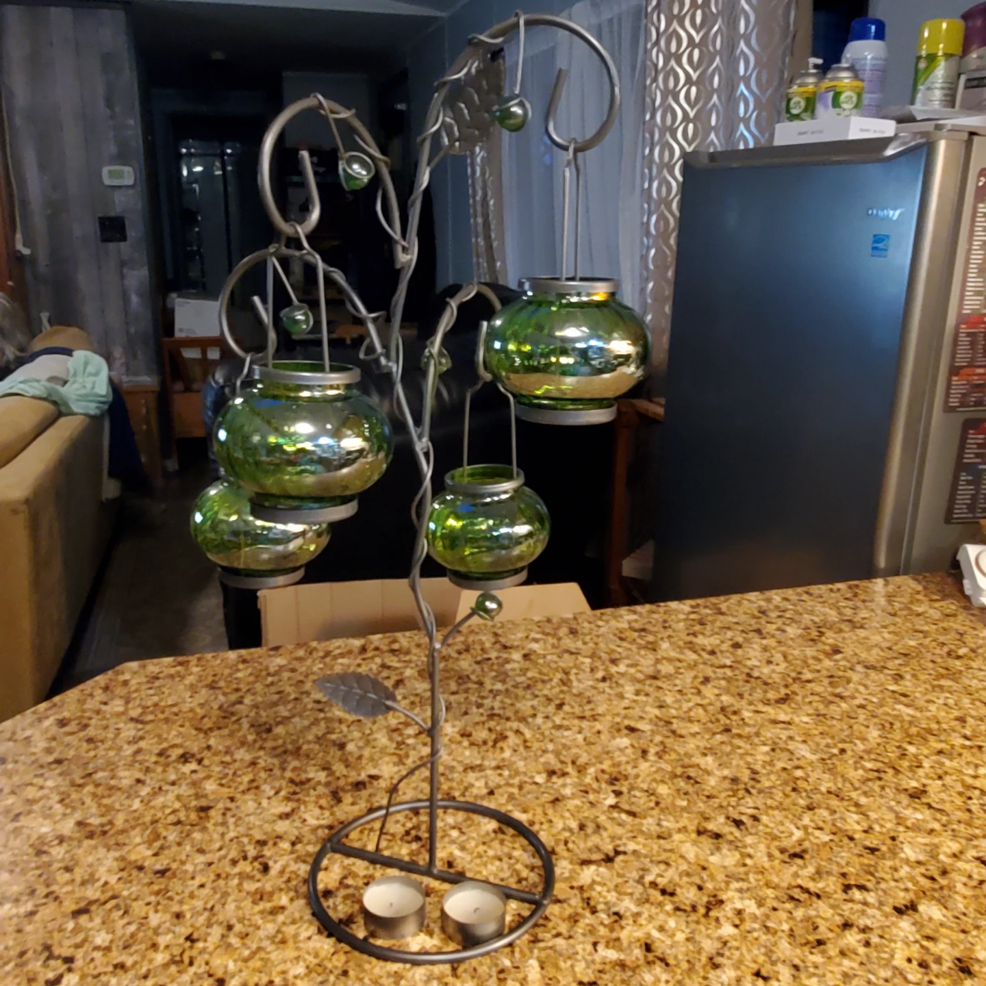 Candle Holder Tree with Green Glass Jars