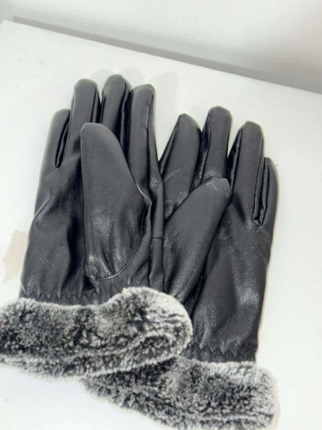 Black Faux Leather Gloves with Fur Lining - photo 2