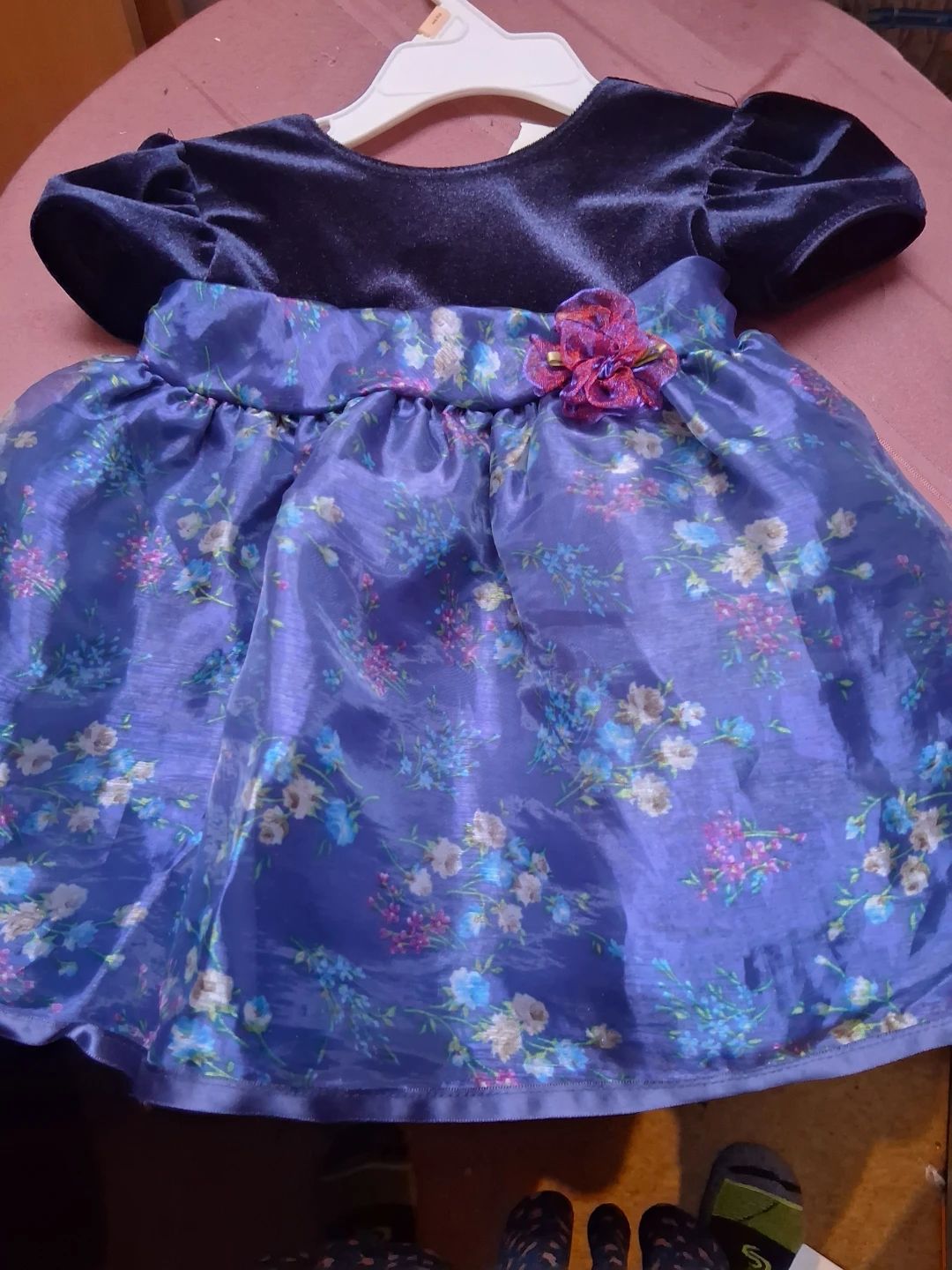 Girls' Blue Floral Dress with Velvet Top