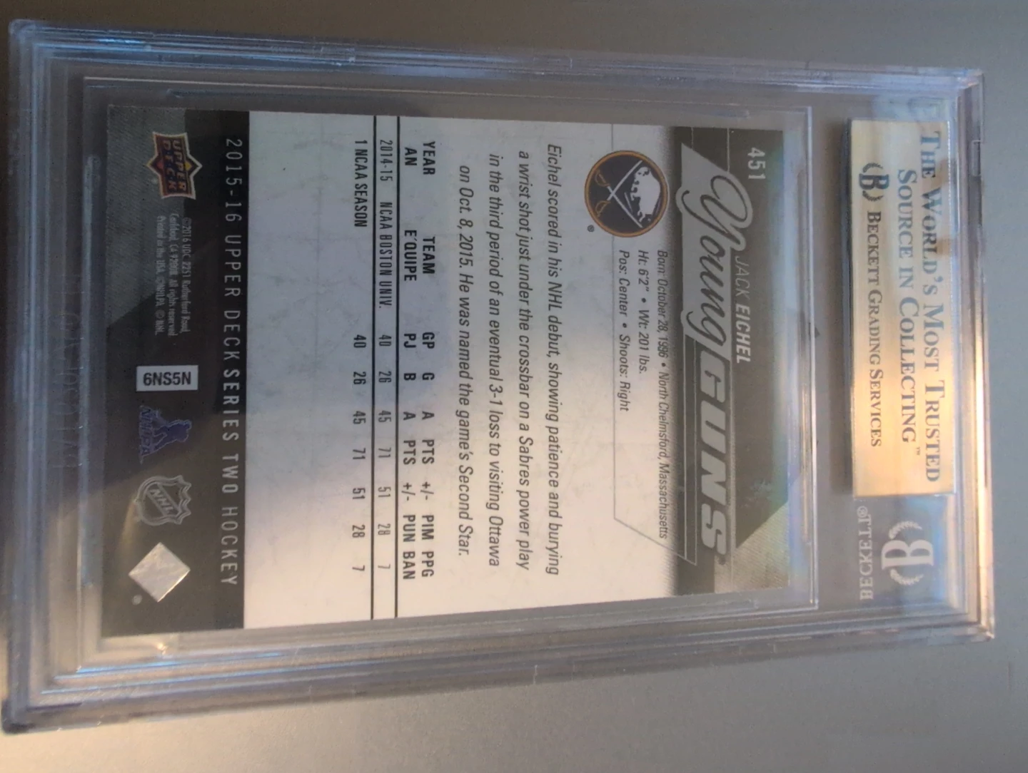 Jack Eichel Young Guns BGS 9.5 Hockey Card - photo 2