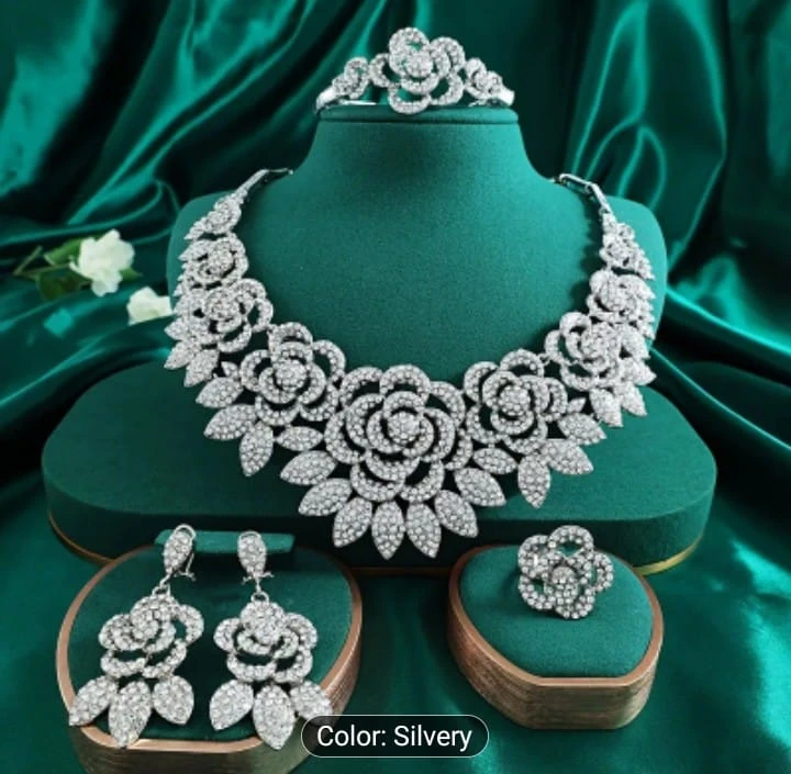 Silver Floral Jewelry Set (Necklace, Ring, Earrings, Bracelet)