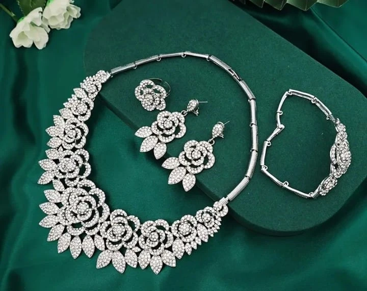 Silver Floral Jewelry Set (Necklace, Ring, Earrings, Bracelet) - photo 3