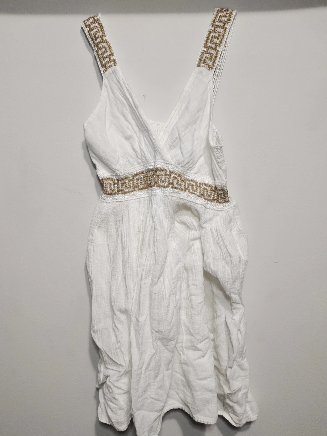 White One Size Cotton Dress with Gold Trim