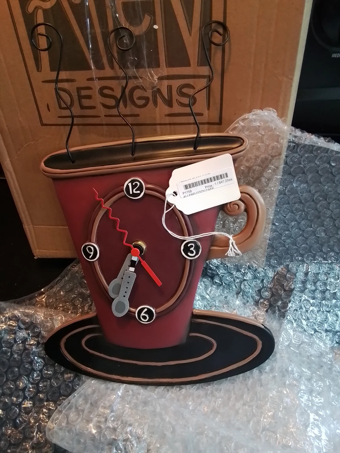 Enesco Allen Designs "Cozy Cafe" whimsical coffee cup wall clock