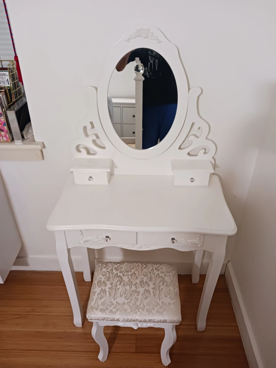 White Vanity Table with Mirror & Matching Stool