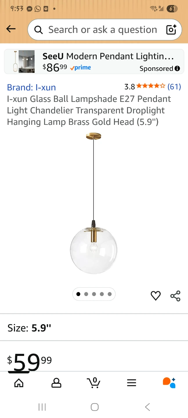 Glass Ball Pendant Light - 5.9"