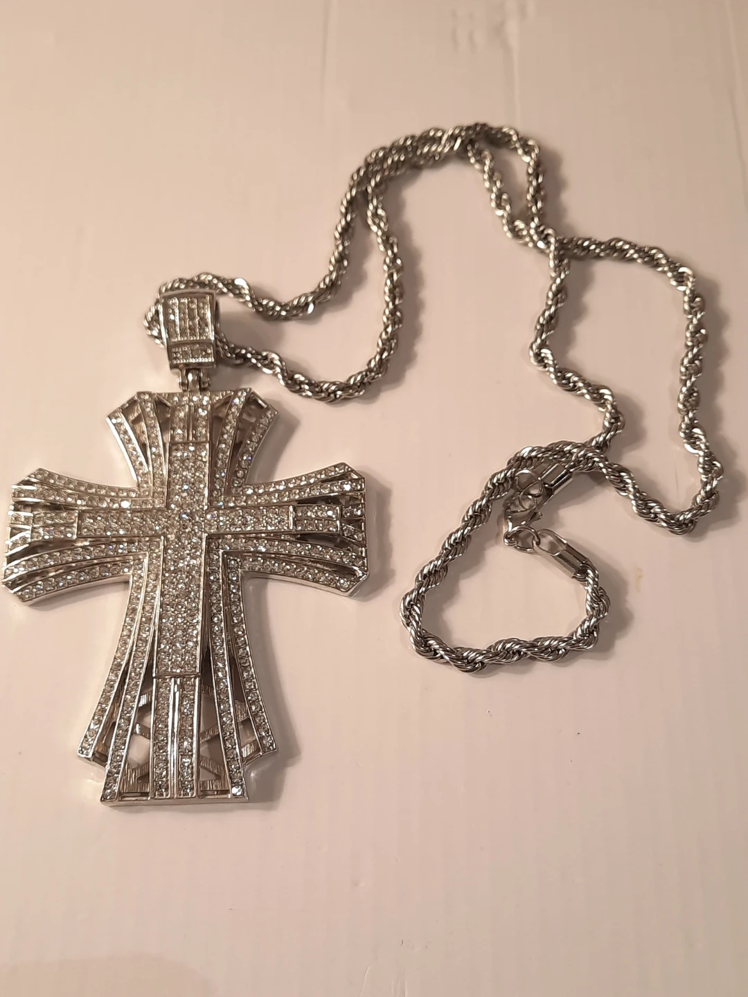 Silver Cross Pendant Necklace with Rhinestones - photo 2