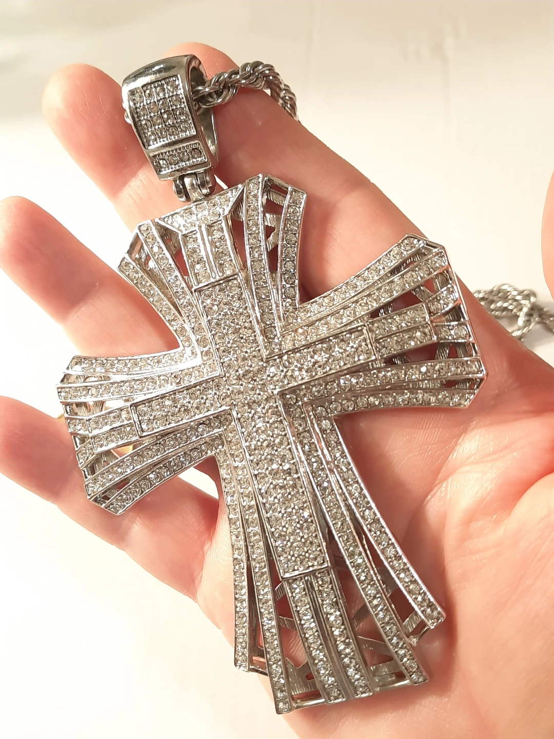Silver Cross Pendant Necklace with Rhinestones - photo 4