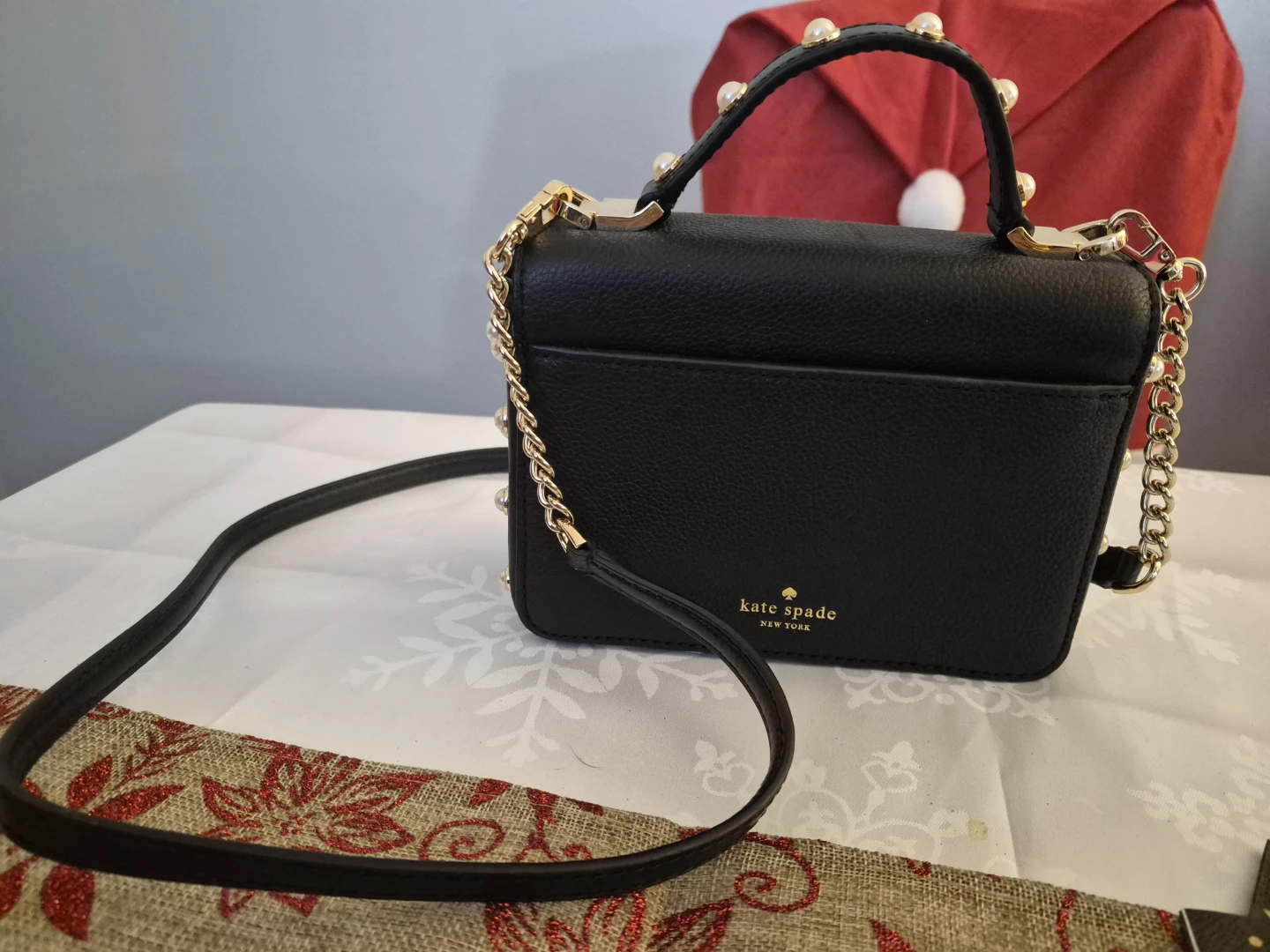 Kate Spade Black Leather Pearl Embellished Handbag