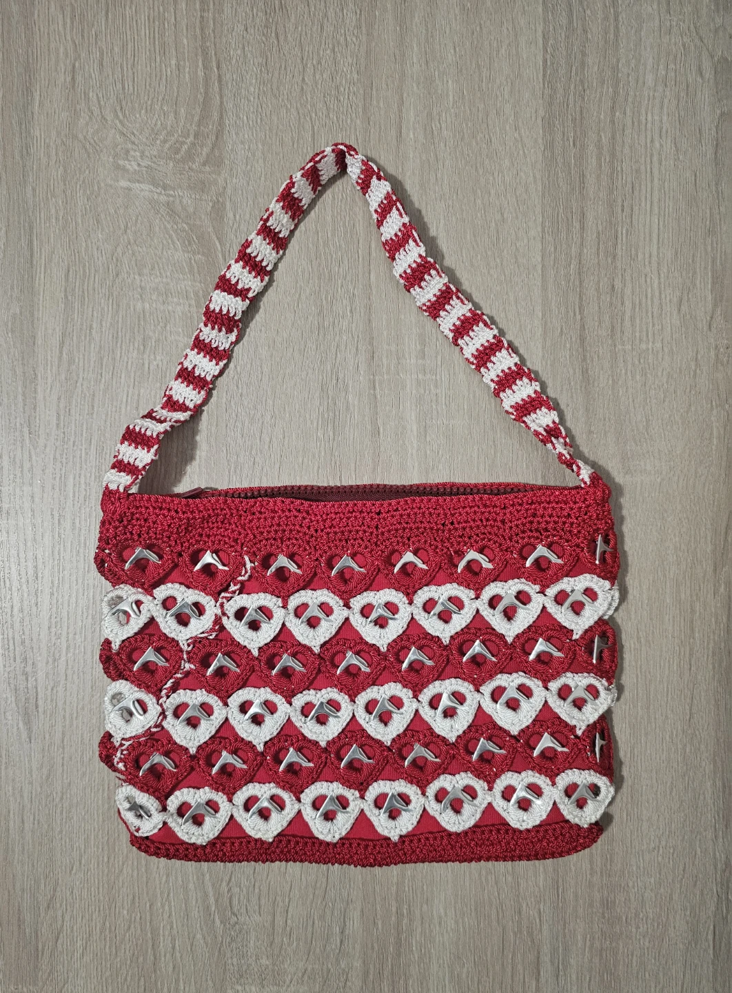 Crocheted Red & White Soda Tab Shoulder Bag