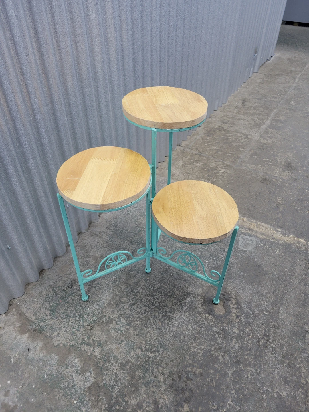 Turquoise Metal and Wood Tiered Plant Stand - photo 2