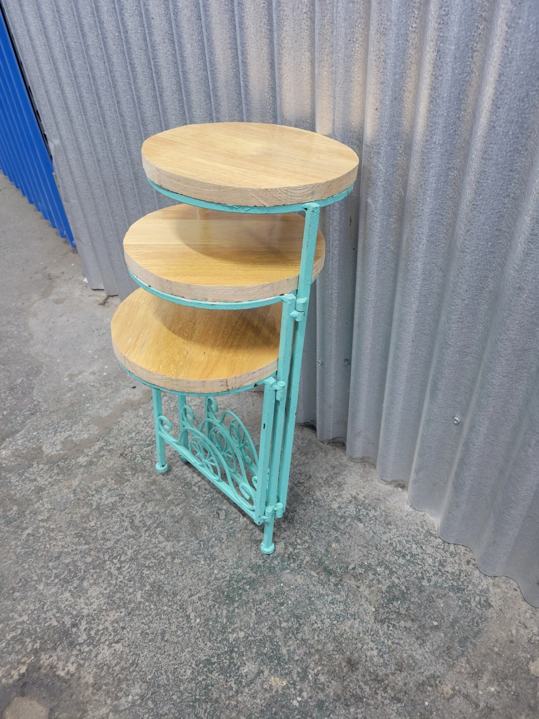 Turquoise Metal and Wood Tiered Plant Stand - photo 3
