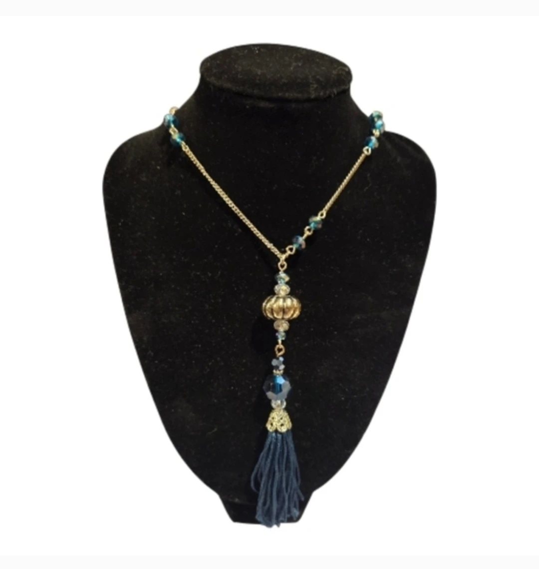 Vintage Avon NRT Blue  Bead & Tassel  Long chain Necklace