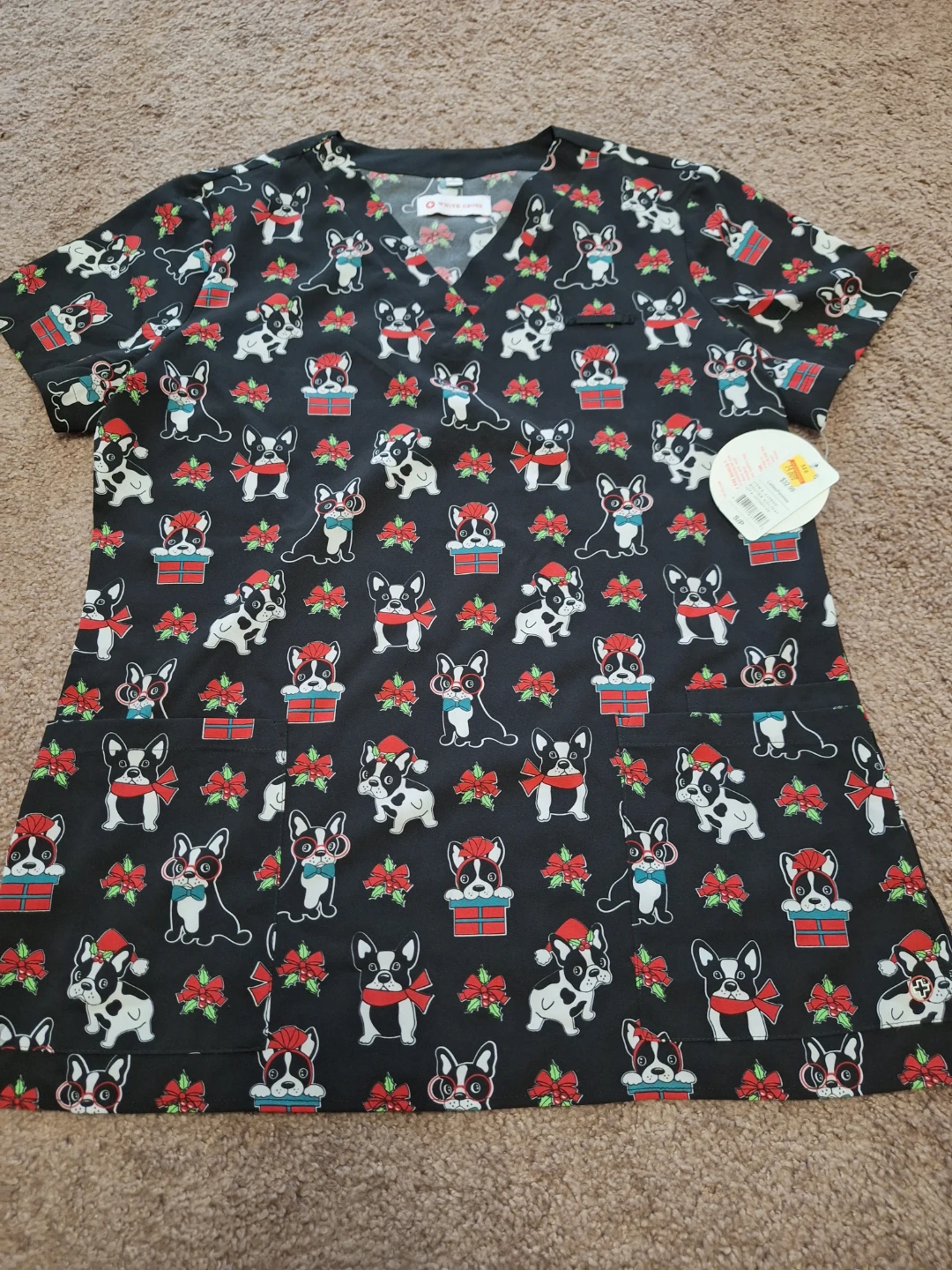 New, White Cross Boston Holiday Scrub Top - S/P to M