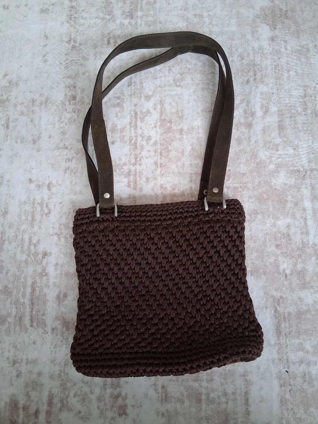 Brown Crochet Shoulder Bag with Suede Straps