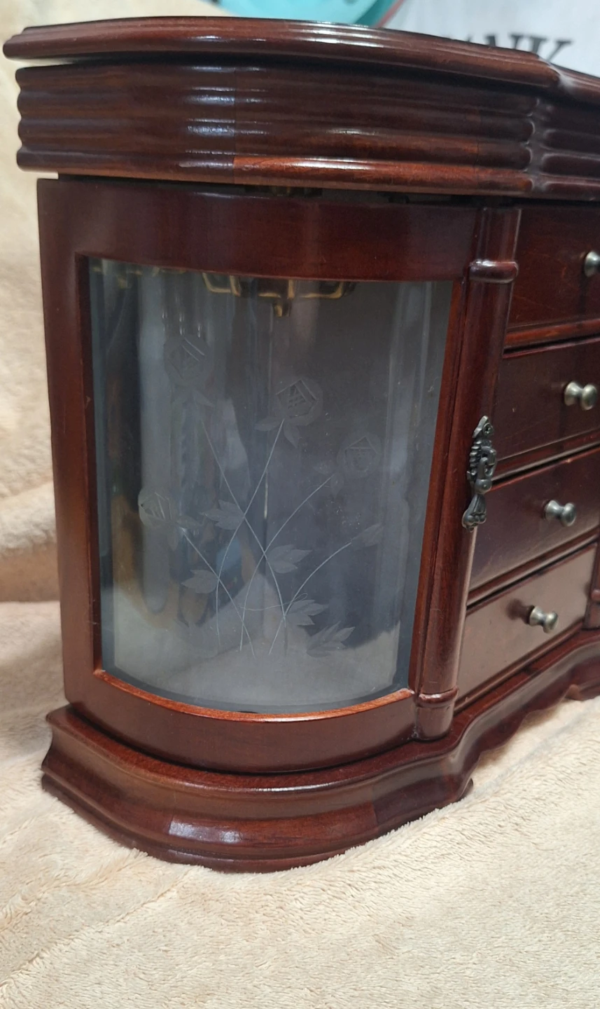 Wooden Jewelry Box with Etched Glass Doors and Drawers - photo 3