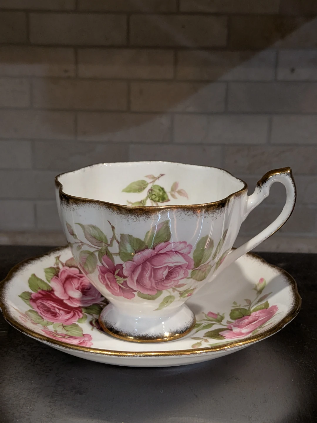 Queen Anne Fine Bone Tea Cup & Saucer Cabbage Rose