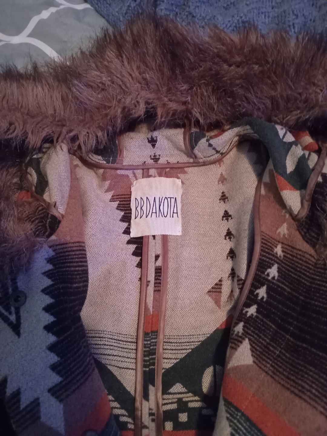 BB Dakota Aztec Print Faux Fur Hooded Coat