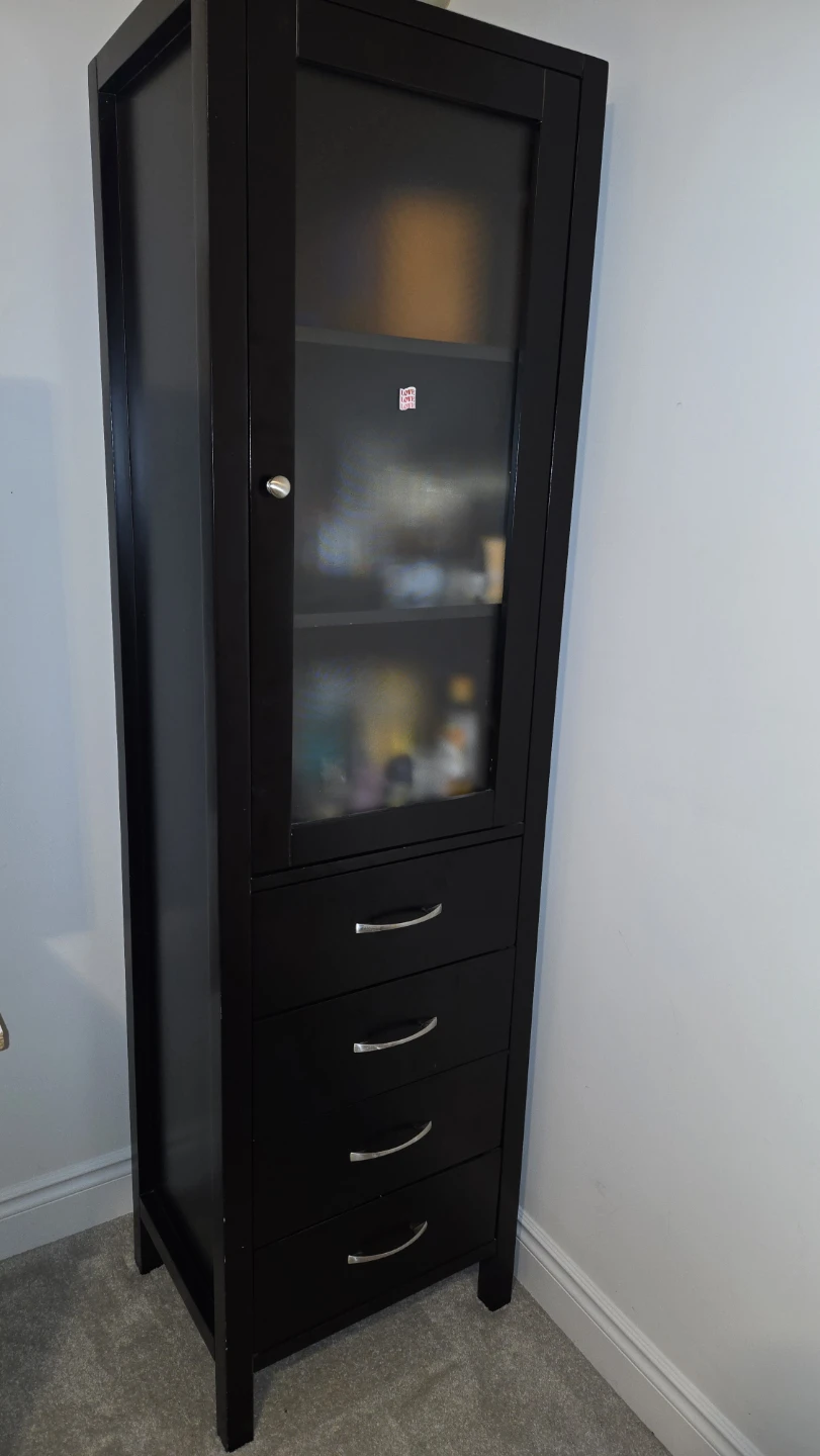 Black Tall Storage Cabinet with Frosted Glass Door and Drawers