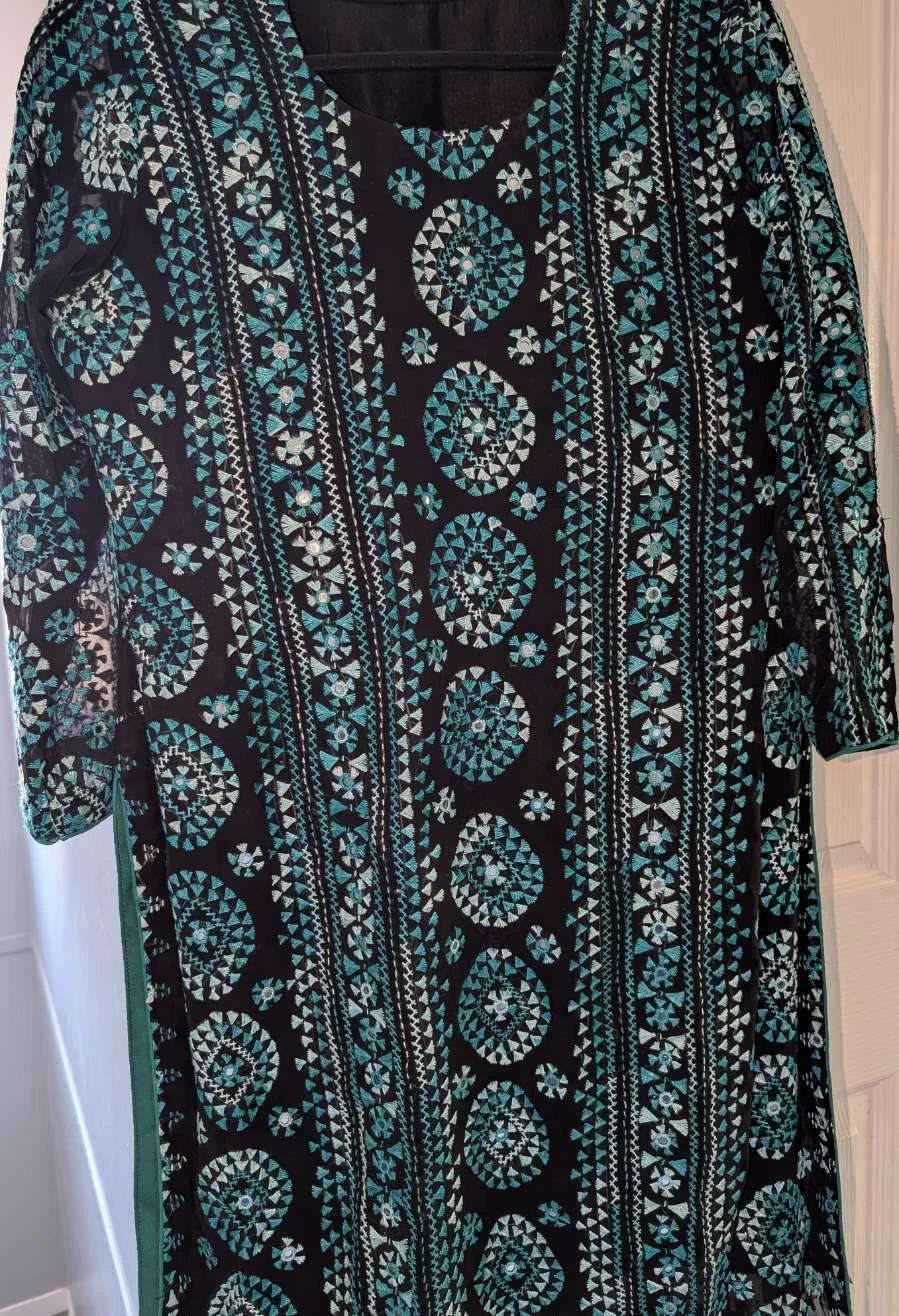Embroidered Black and Teal Dress with beautiful dupatta
