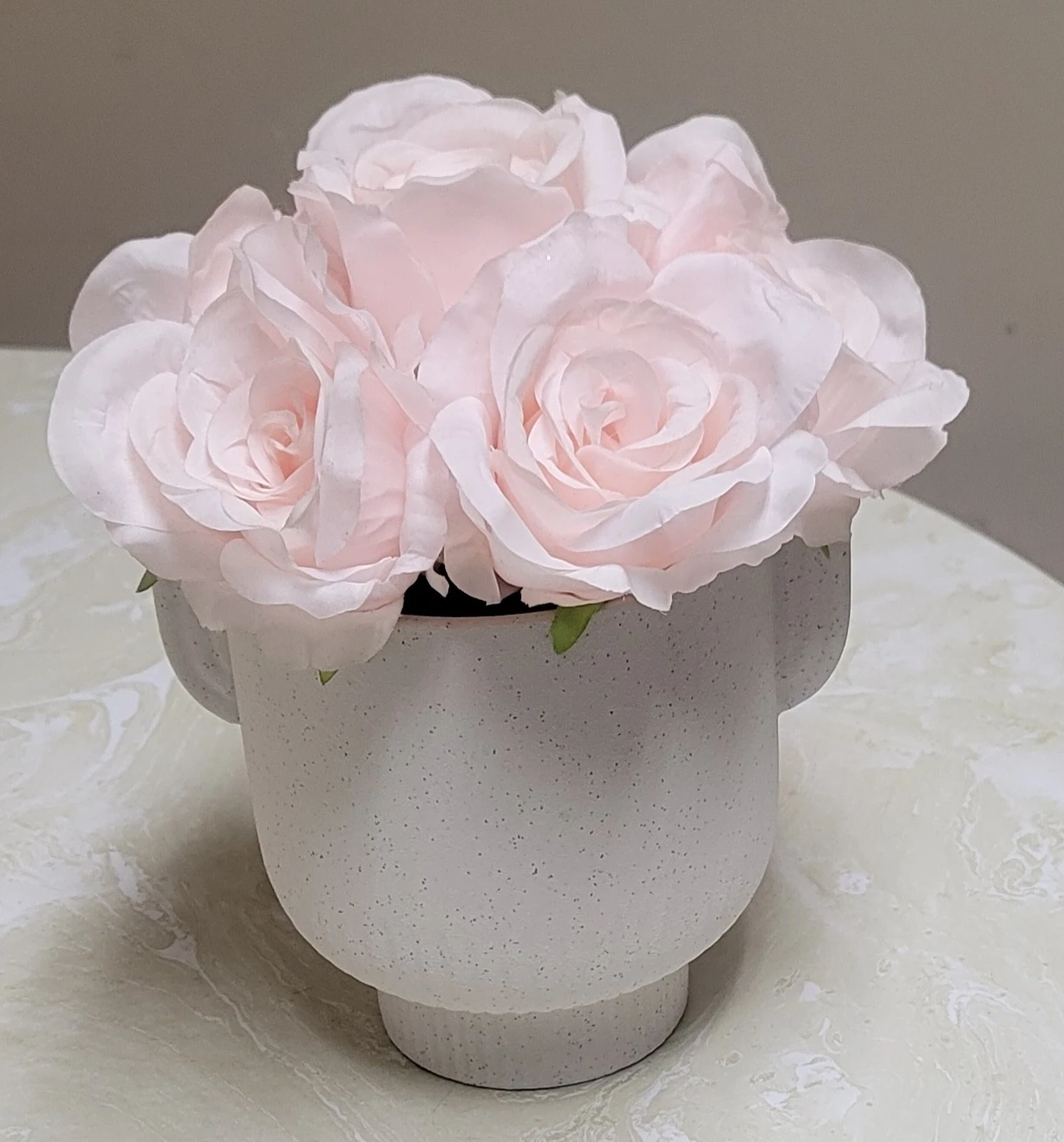 Artificial Pink Roses in White Pot