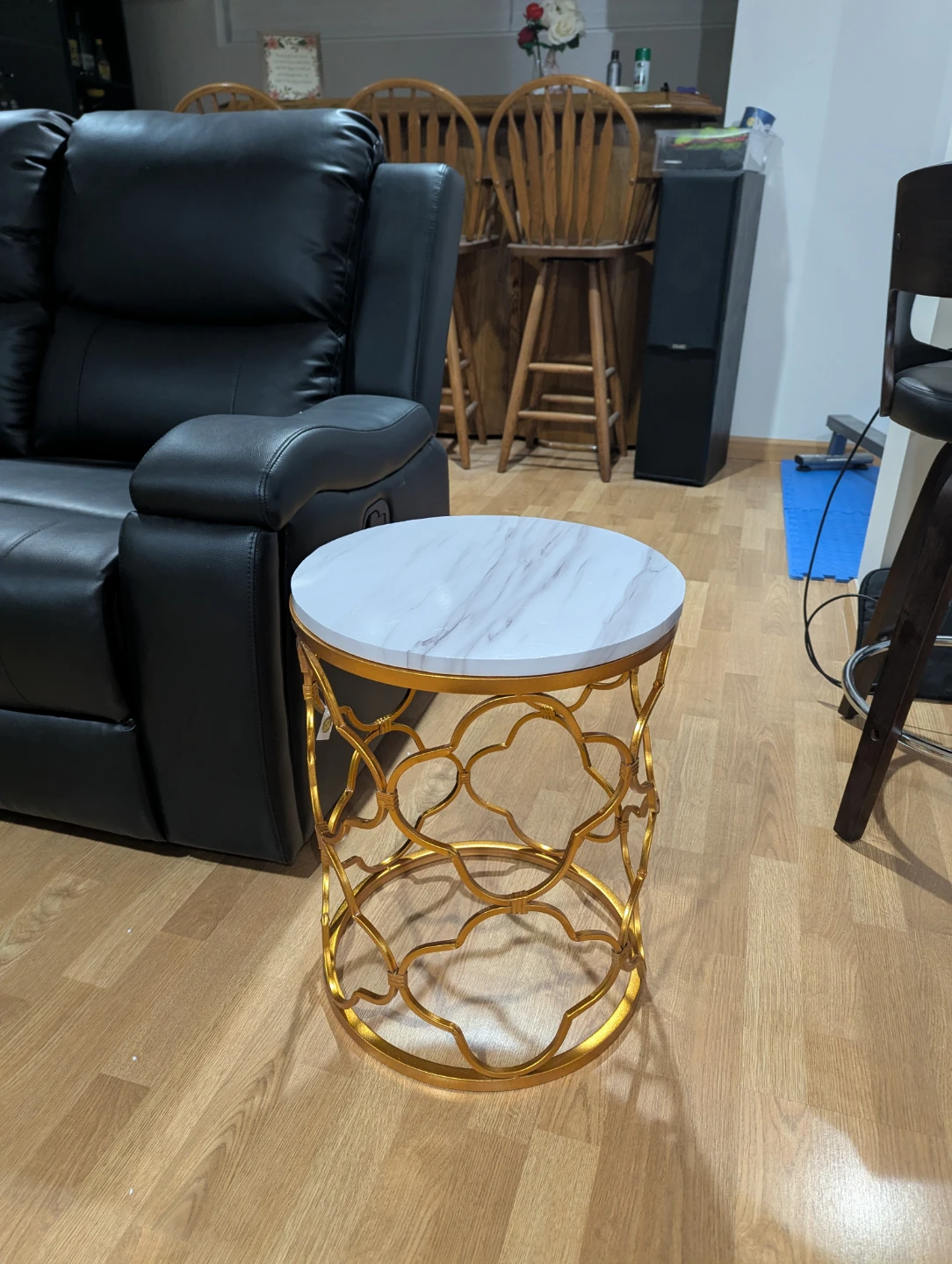Gold side table with marble wrapped top w/ storage