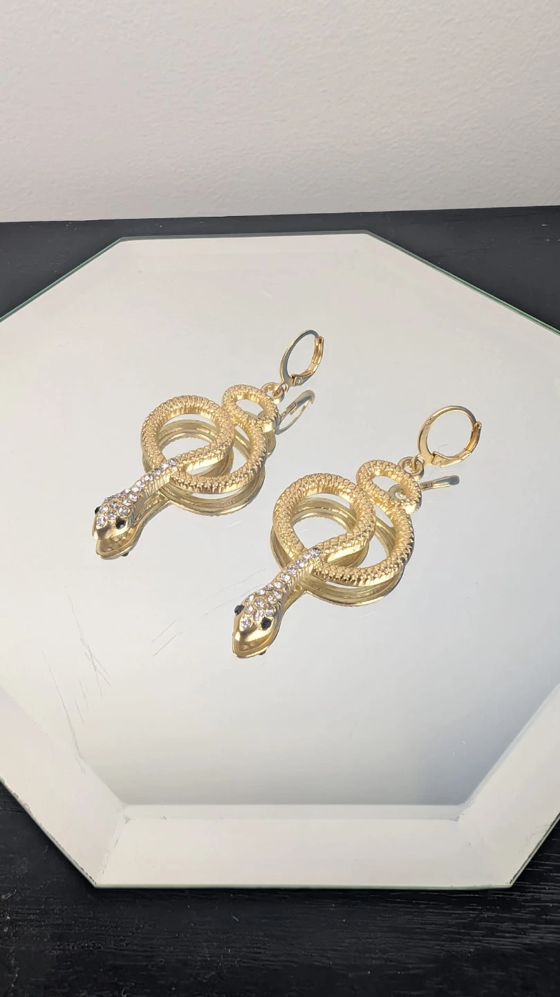 Gold tone Snake Earrings with Rhinestones
