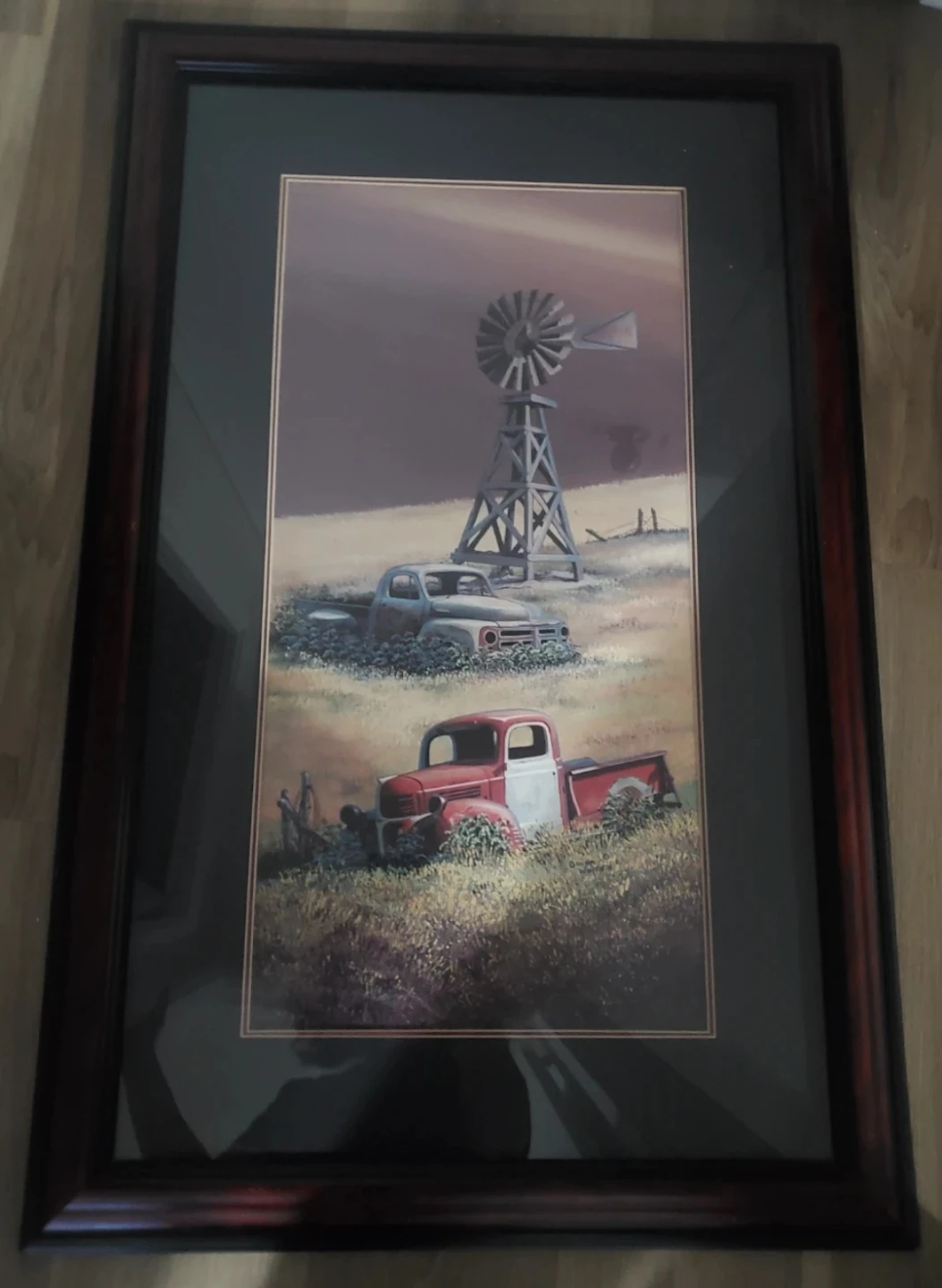 Framed Art Print - Vintage Trucks and Windmill Scene