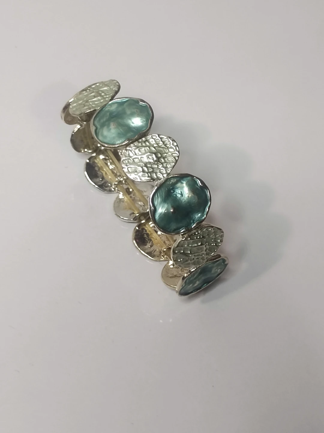 Stretch Bracelet with Teal and Silver Oval Beads