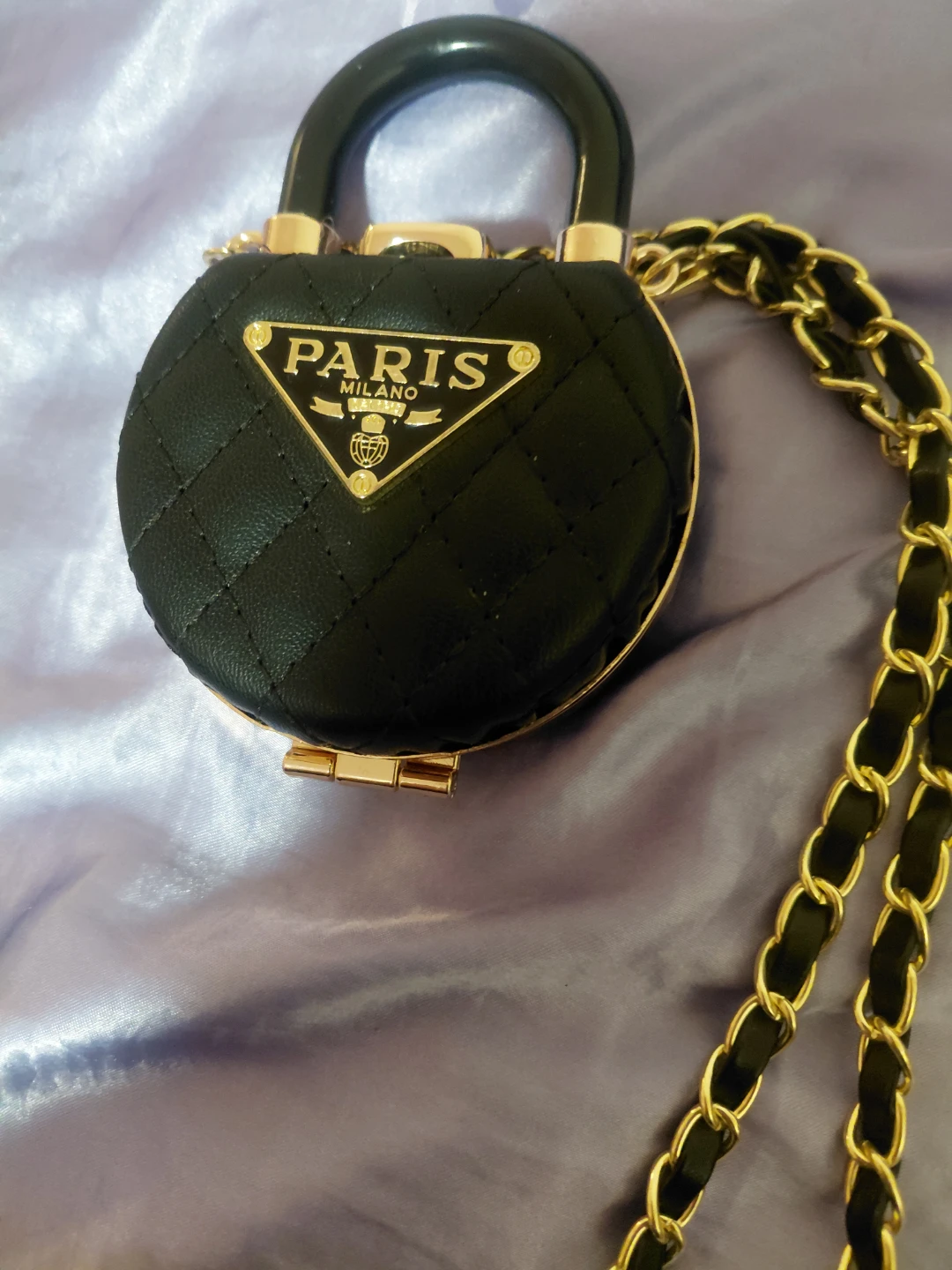 Black Quilted Round Handbag with Gold Chain
