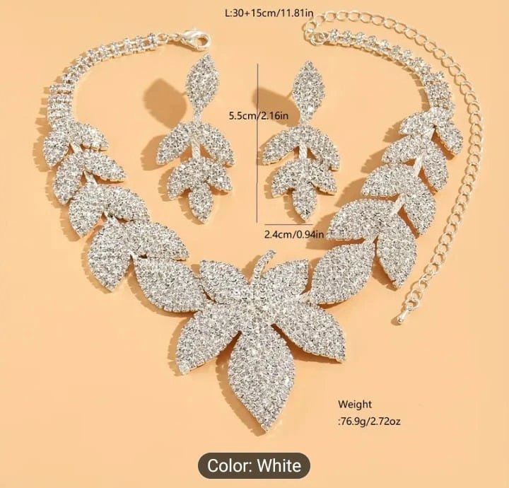 White Leaf Rhinestone Necklace & Earring Set - photo 2