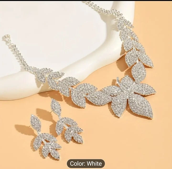 White Leaf Rhinestone Necklace & Earring Set - photo 3