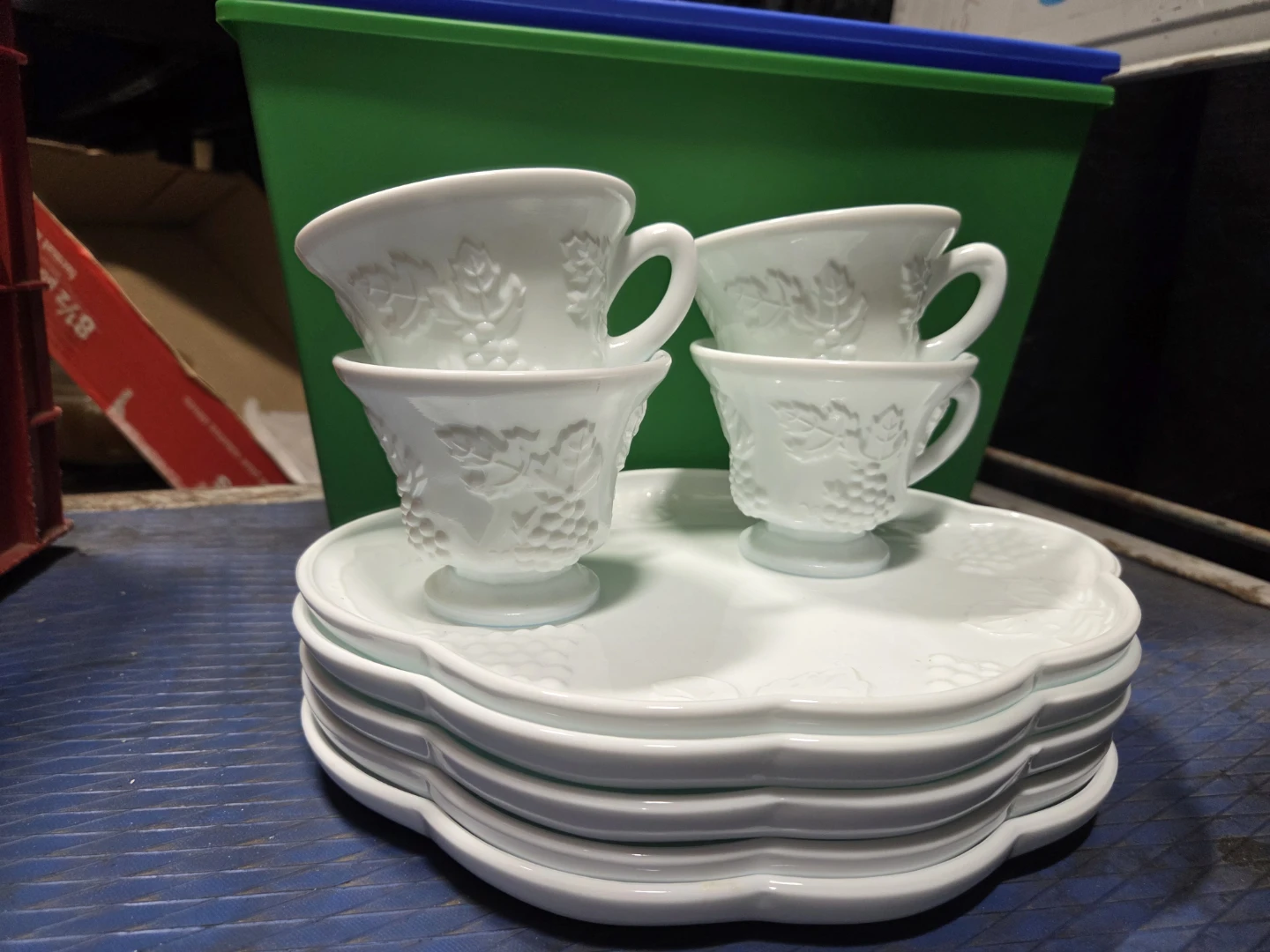 White Milk Glass Grape Embossed Cup and Saucer Set
