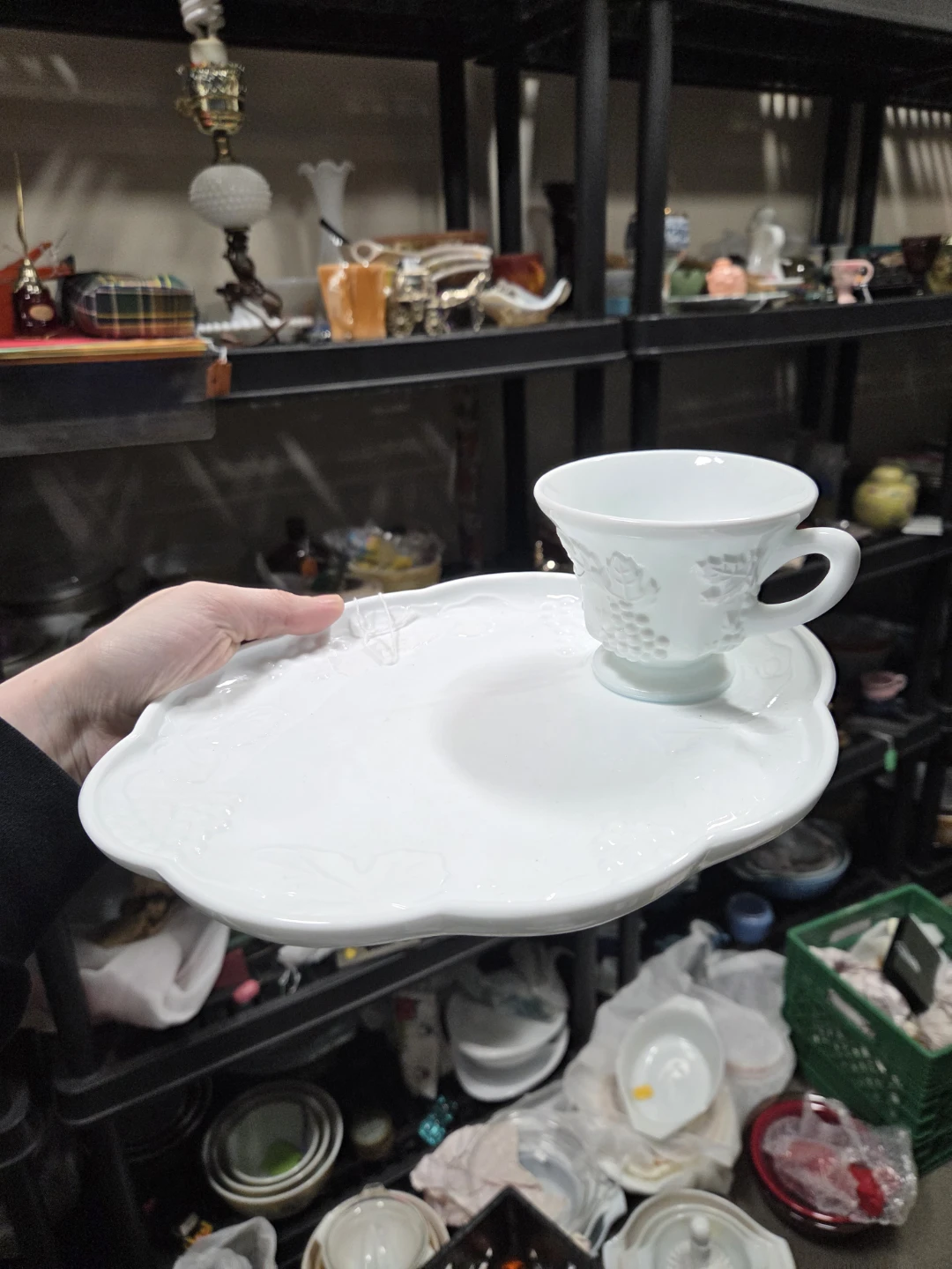 White Milk Glass Grape Embossed Cup and Saucer Set - photo 3