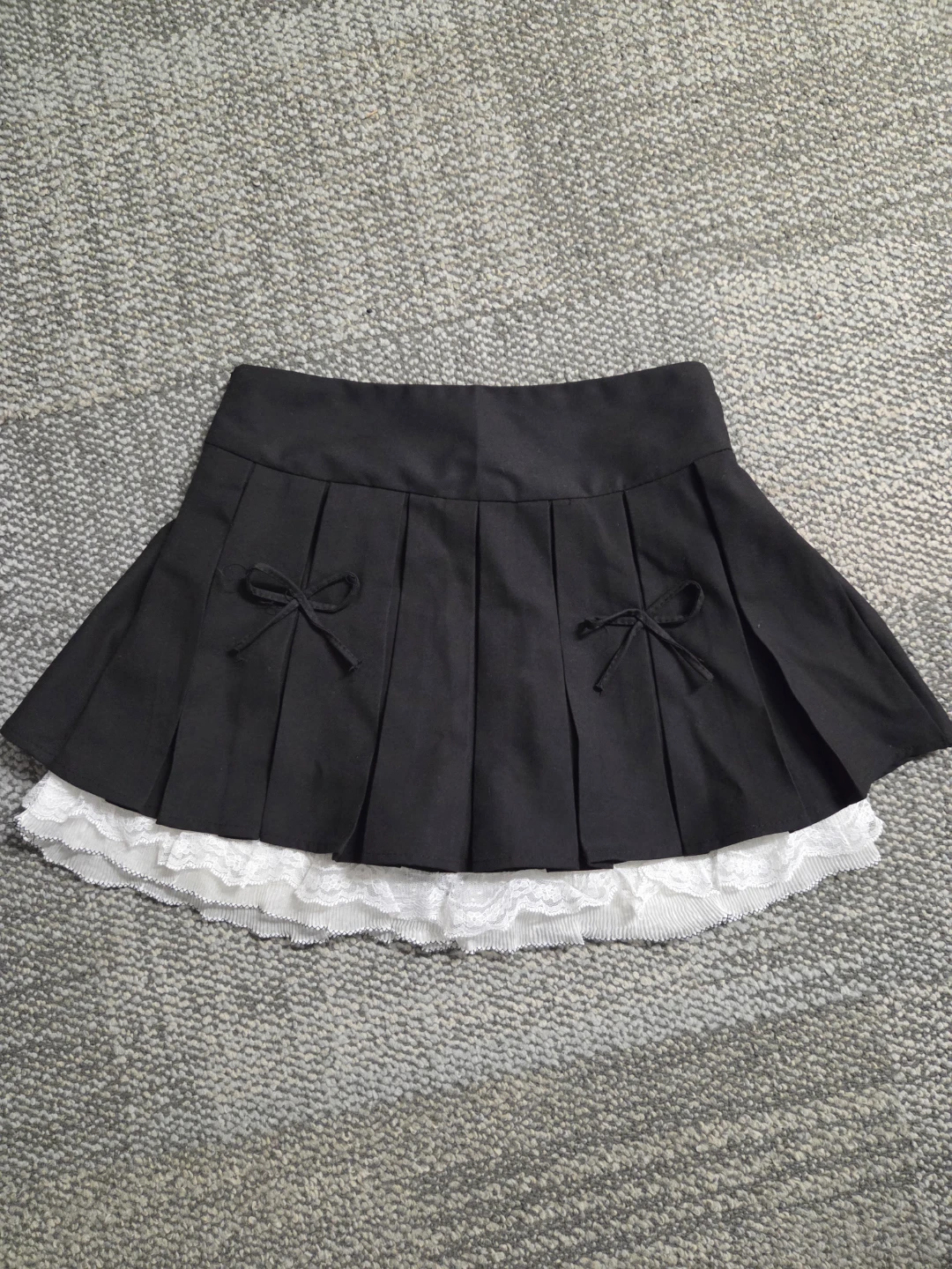 Black Pleated Mini Skirt with Lace Trim