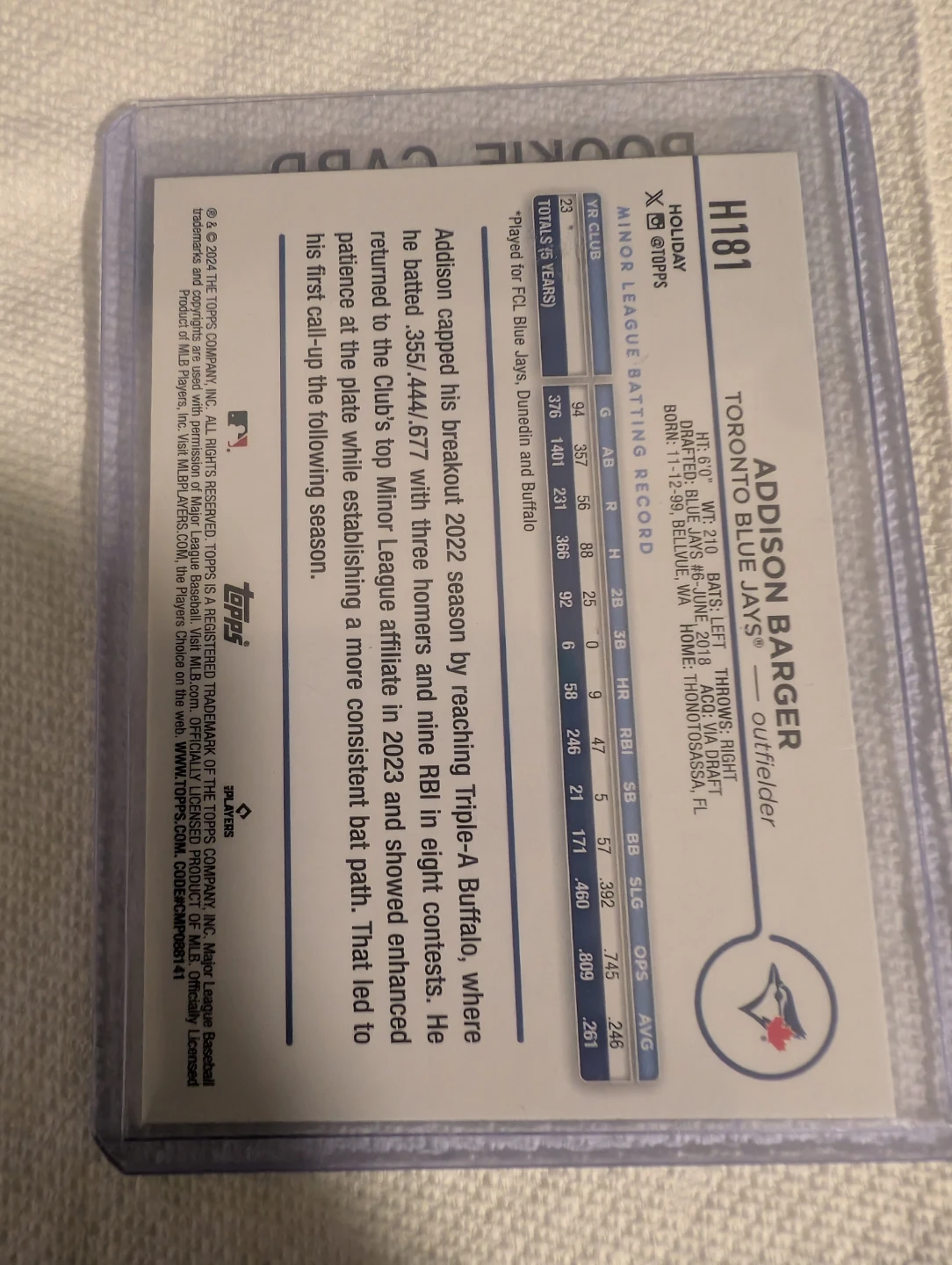 Addison Barger 2023 Topps Holiday Rookie Card Blue Jays - photo 2