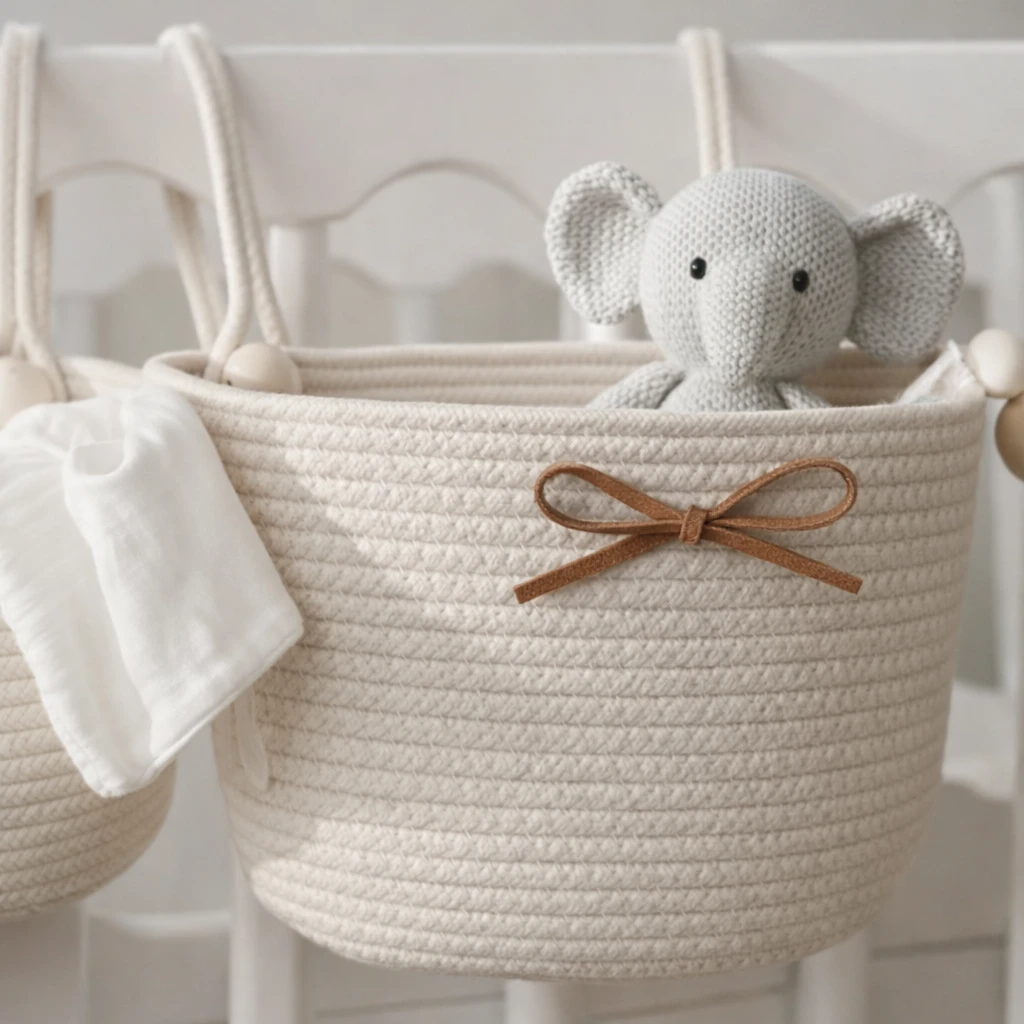 Woven Rope Storage Crib Basket with Bow Accent