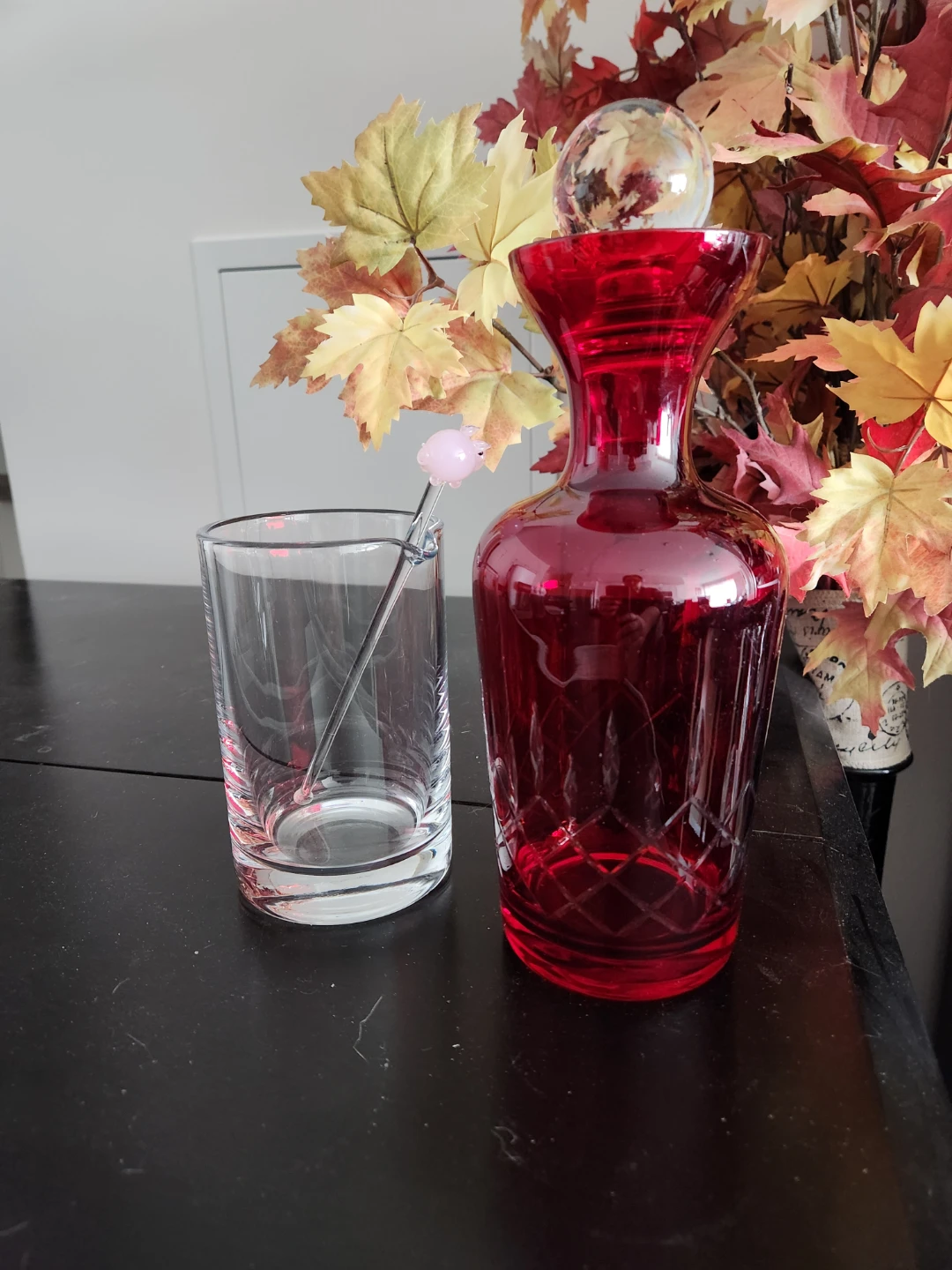 Red Glass Decanter with Mixing Glass