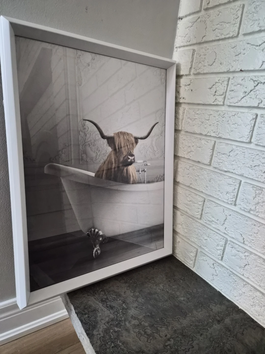 Framed Highland Cow in Bathtub 26×20
